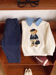 SHEIN Baby Boy Cartoon Bear College Style Contrast Color Shirt Collar Pullover Sweatshirt And Striped Elastic Waist Long Autumn Pants 2-Piece Set - Blue - View 9
