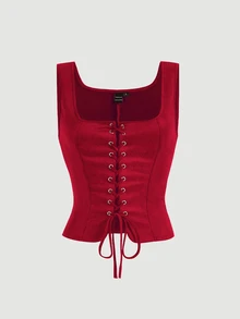 SHEIN MOD Ladies' Solid Color Cross Strap Tank Top Corset Top - Red - View 1