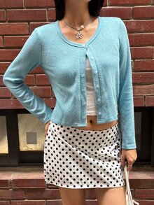 K-Vae Women's Soft Round Neck Knitted Cardigan, Early Autumn Thin Ribbed Texture Slim Fit Long Sleeve Top, Solid Color Flattering Versatile Single-Breasted Design, Soft Elastic Knit Jacket - Blue - View 4