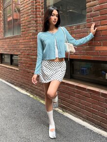 K-Vae Women's Soft Round Neck Knitted Cardigan, Early Autumn Thin Ribbed Texture Slim Fit Long Sleeve Top, Solid Color Flattering Versatile Single-Breasted Design, Soft Elastic Knit Jacket - Blue - View 5