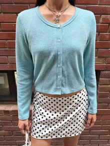 K-Vae Women's Soft Round Neck Knitted Cardigan, Early Autumn Thin Ribbed Texture Slim Fit Long Sleeve Top, Solid Color Flattering Versatile Single-Breasted Design, Soft Elastic Knit Jacket - Blue - View 3