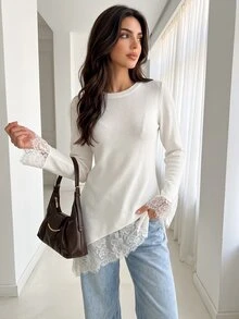 Solavon Sweater dengan Hiasan Renda Kontras dan Hem Asimetris - Putih - View 4