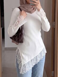 Solavon Sweater dengan Hiasan Renda Kontras dan Hem Asimetris - Putih - View 7