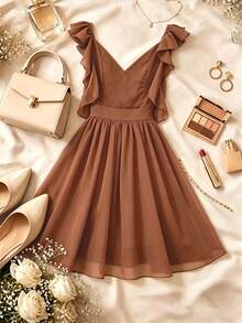 Franclia Women's V-Neck Ruffle Hem Elegant Dress - Brown - View 2