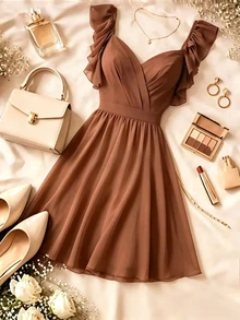 Franclia Women's V-Neck Ruffle Hem Elegant Dress - Brown - View 1