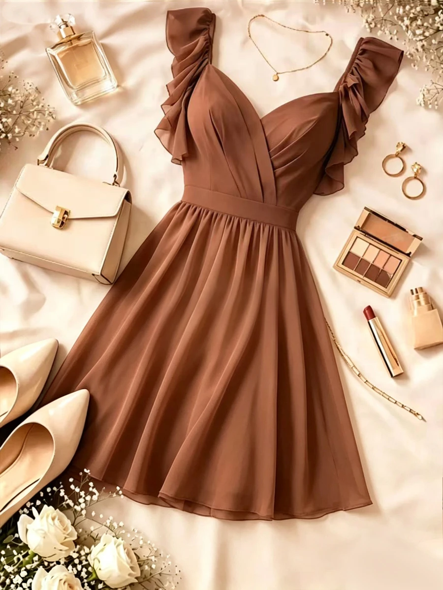 Franclia Women's V-Neck Ruffle Hem Elegant Dress - Brown - View 1