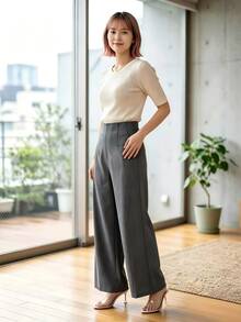 SHEIN PETITE 女款簡約休閒時尚返校季老錢風通勤高腰紋理寬腿長褲，商務休閒女裝，小個子女性適用 - 深灰色 - 查看 7