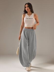 Vivamere 女款純色彈性腰休閒日常運動長褲，適合嬌小女性 - 灰色 - 查看 6