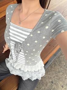 K-Vae 女款韓式性感Y2K法式白色波點藍白條紋二合一短袖修身綁腰短版T恤，適合早午餐夏季穿著 - 彩色 - 查看 6