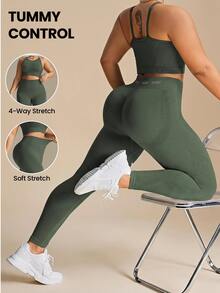 SHEIN Rhythm Era Women Plus Size Solid Color Spaghetti Strap Simple Top And Long Pants Seamless Set Workout Women Set - Army Green - View 2
