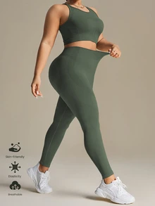 SHEIN Rhythm Era Women Plus Size Solid Color Spaghetti Strap Simple Top And Long Pants Seamless Set Workout Women Set - Army Green - View 7