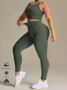 SHEIN Rhythm Era Women Plus Size Solid Color Spaghetti Strap Simple Top And Long Pants Seamless Set Workout Women Set - Army Green - View 5