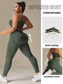 SHEIN Rhythm Era Women Plus Size Solid Color Spaghetti Strap Simple Top And Long Pants Seamless Set Workout Women Set - Army Green - View 4