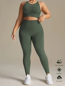 SHEIN Rhythm Era Women Plus Size Solid Color Spaghetti Strap Simple Top And Long Pants Seamless Set Workout Women Set - Army Green - View 6