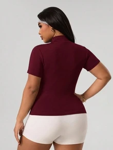 SHEIN Rhythm Era Plus Size Sports Jacket Dopamine Pink Structured Shoulder Short Sleeve Cardigan Zipper Up Outerwear - Red - View 2