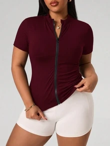 SHEIN Rhythm Era Plus Size Sports Jacket Dopamine Pink Structured Shoulder Short Sleeve Cardigan Zipper Up Outerwear - Red - View 3
