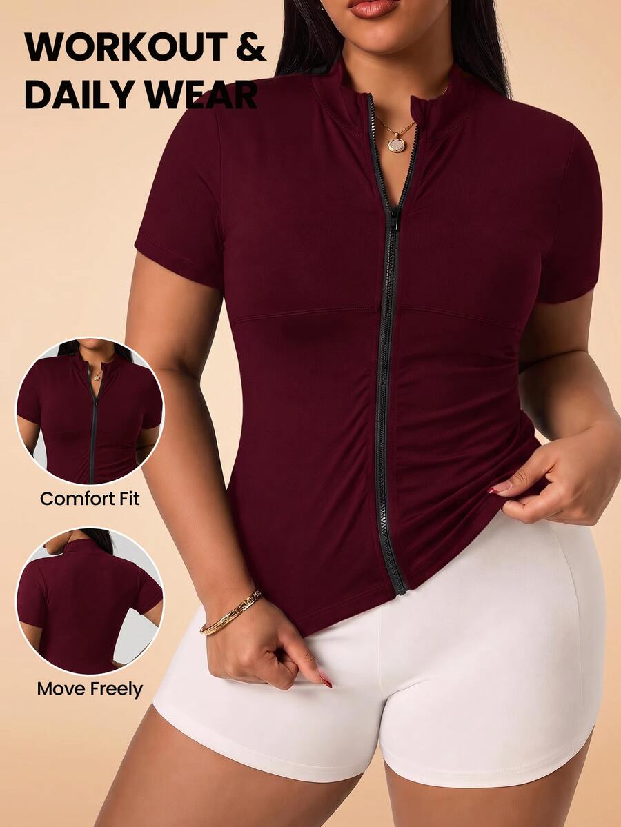 SHEIN Rhythm Era Plus Size Sports Jacket Dopamine Pink Structured Shoulder Short Sleeve Cardigan Zipper Up Outerwear - Red - View 1