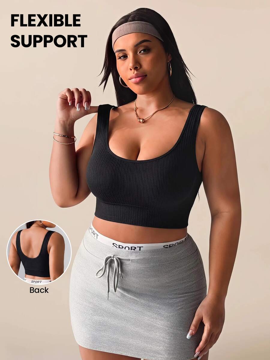 SHEIN Rhythm Era Women's Seamless Plus Size Sports Bra Gym Black Summer - Black - View 1