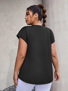 SHEIN Rhythm Era 加大码字母图案运动压缩T恤 健身房女式衬衫 - 黑色 - 查看 2