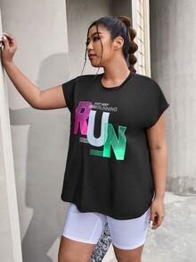 SHEIN Rhythm Era 加大码字母图案运动压缩T恤 健身房女式衬衫 - 黑色 - 查看 3