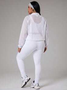 SHEIN Rhythm Era Women's Plus Size 3-Piece Sports Set, Lightweight Hollow Mesh Long Sleeve Sun Protection Cardigan, Cropped Drawstring Hem Loose Fit Yoga Running Outdoor Casual - White - View 2