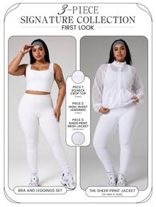 SHEIN Rhythm Era Women's Plus Size 3-Piece Sports Set, Lightweight Hollow Mesh Long Sleeve Sun Protection Cardigan, Cropped Drawstring Hem Loose Fit Yoga Running Outdoor Casual - White - View 7