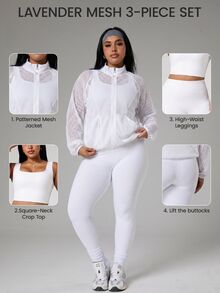 SHEIN Rhythm Era Women's Plus Size 3-Piece Sports Set, Lightweight Hollow Mesh Long Sleeve Sun Protection Cardigan, Cropped Drawstring Hem Loose Fit Yoga Running Outdoor Casual - White - View 8