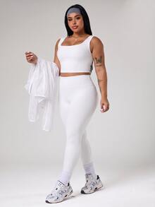 SHEIN Rhythm Era Women's Plus Size 3-Piece Sports Set, Lightweight Hollow Mesh Long Sleeve Sun Protection Cardigan, Cropped Drawstring Hem Loose Fit Yoga Running Outdoor Casual - White - View 4