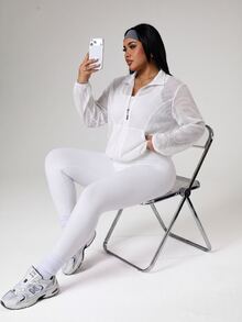SHEIN Rhythm Era Women's Plus Size 3-Piece Sports Set, Lightweight Hollow Mesh Long Sleeve Sun Protection Cardigan, Cropped Drawstring Hem Loose Fit Yoga Running Outdoor Casual - White - View 5