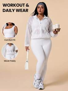 SHEIN Rhythm Era Women's Plus Size 3-Piece Sports Set, Lightweight Hollow Mesh Long Sleeve Sun Protection Cardigan, Cropped Drawstring Hem Loose Fit Yoga Running Outdoor Casual - White - View 1