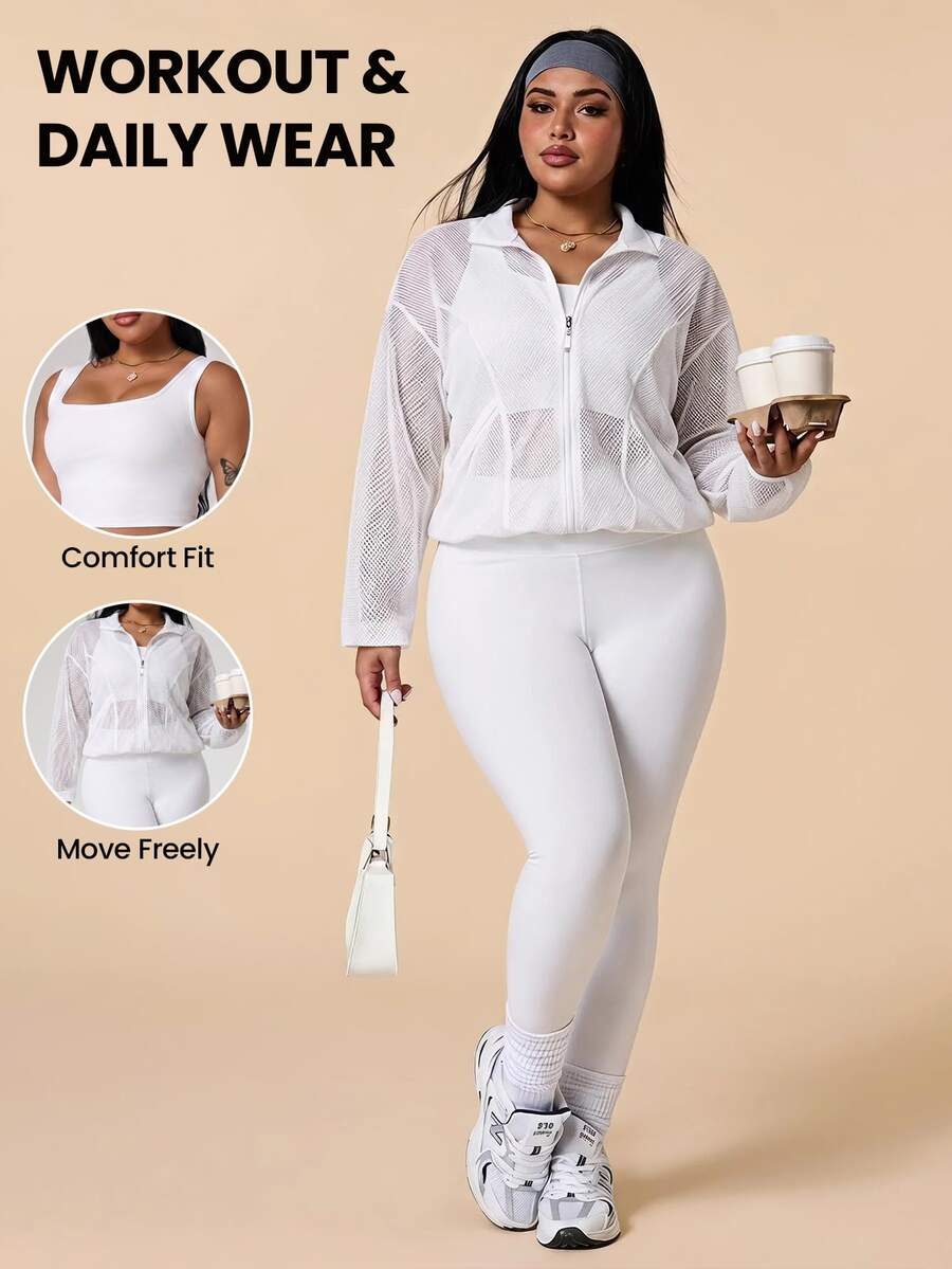 SHEIN Rhythm Era Women's Plus Size 3-Piece Sports Set, Lightweight Hollow Mesh Long Sleeve Sun Protection Cardigan, Cropped Drawstring Hem Loose Fit Yoga Running Outdoor Casual - White - View 1