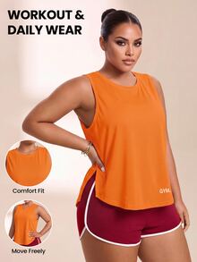 SHEIN Rhythm Era Women's Plus Size Letter Print Split Design Casual Versatile Daily Wear Sports T-Shirt - Coral Orange - View 1