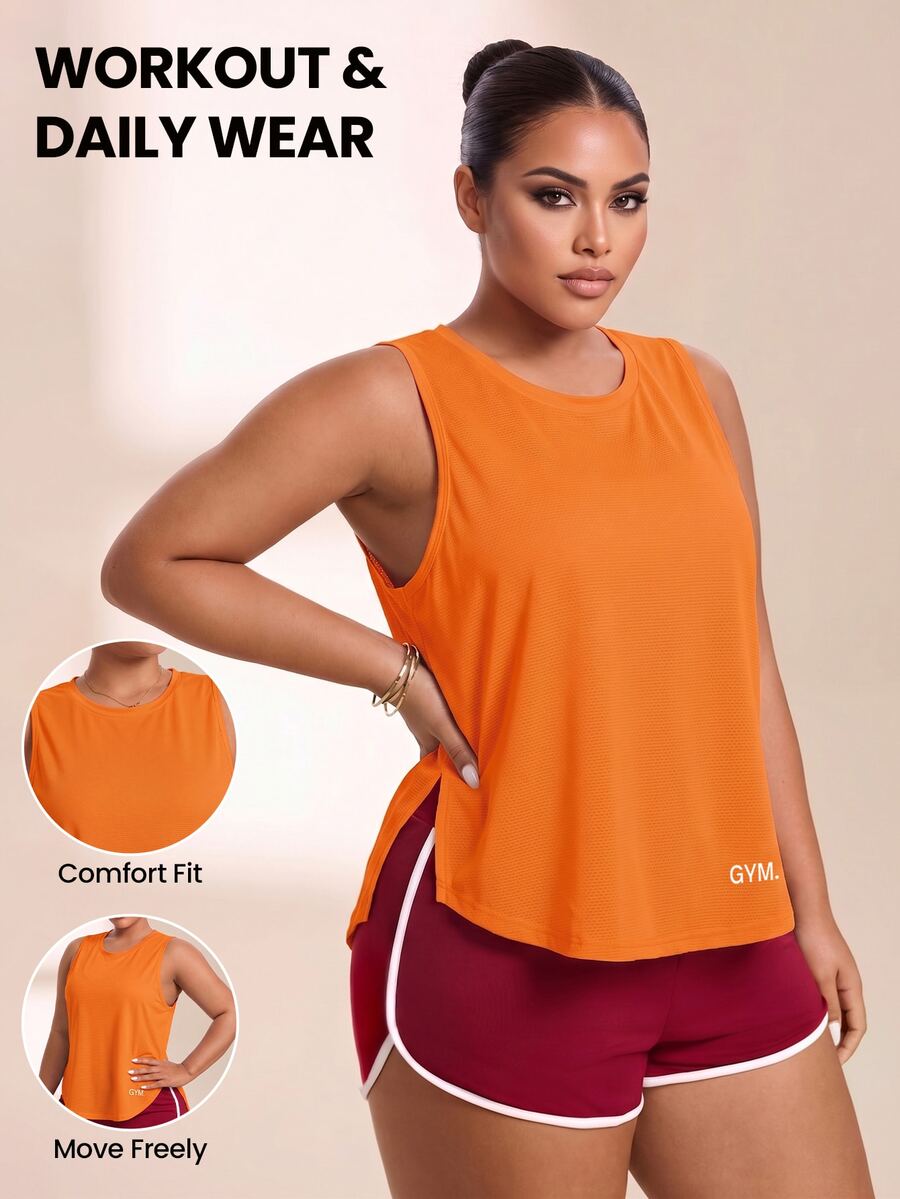 SHEIN Rhythm Era Women's Plus Size Letter Print Split Design Casual Versatile Daily Wear Sports T-Shirt - Coral Orange - View 1