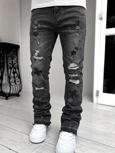 Kids Tween Boy Cross-Patterned Ripped Stretchy Tight Boot-Cut Jeans Halloween And Black To School