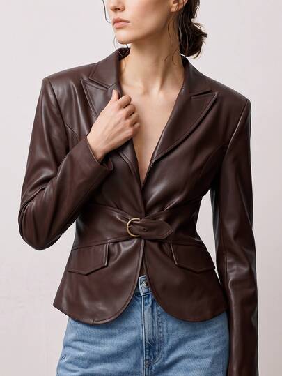 Briarwyn Autumn/Winter Women's Vintage Elegant Versatile Metal Buckle Long Sleeve PU Material Jacket Fitted Waist With Gold Buckle For Office Dark Brown Jacket