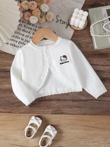 HELLO KITTY AND FRIENDS | SHEIN GraphicGems 女嬰刺繡上衣針織開襟衫 波浪邊毛衣 舒適柔軟 白色 百搭甜美可愛 休閒簡約 秋冬款 - 白色 - 查看 3