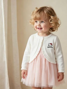 HELLO KITTY AND FRIENDS | SHEIN GraphicGems 女嬰刺繡上衣針織開襟衫 波浪邊毛衣 舒適柔軟 白色 百搭甜美可愛 休閒簡約 秋冬款 - 白色 - 查看 4