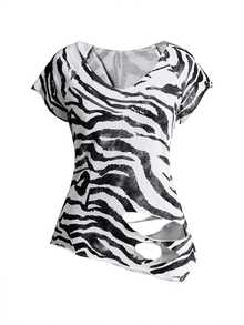 ROMWE Grunge Punk Women's Zebra Print Deep U-Neck Burnout T-Shirt, Street Rock Vintage Style - Black and White - View 1