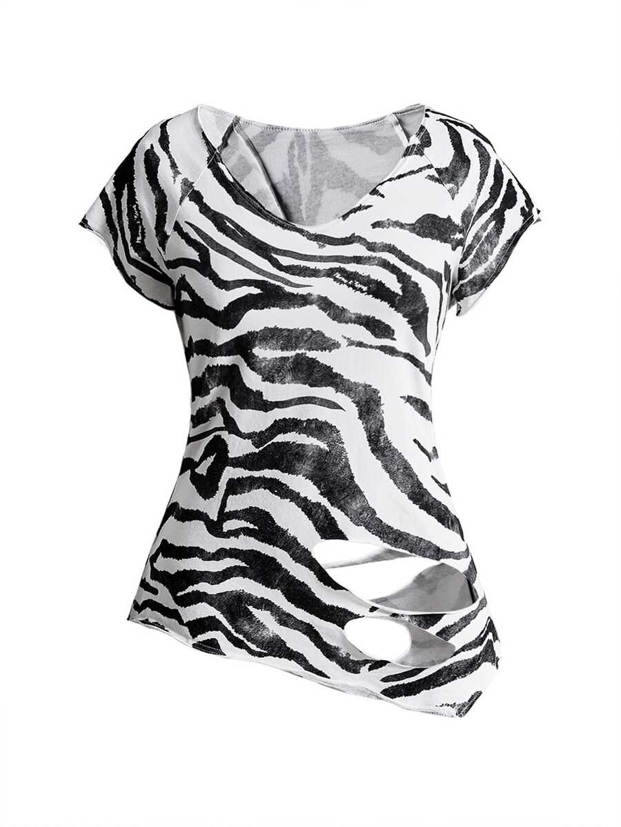 ROMWE Grunge Punk Women's Zebra Print Deep U-Neck Burnout T-Shirt, Street Rock Vintage Style - Black and White - View 1