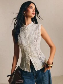Poéselle 女款夏季優雅復古70年代純色蕾絲無袖青蛙扣襯衫，適合派對與早午餐，白色 - 白色 - 查看 7