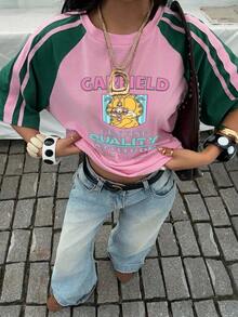 Muchica GARFIELD | SHEIN 34%棉休閒極簡圖案圓領短袖寬鬆女款T恤，卡通印花設計，適合外出、街頭風、機場、時尚、返校、Y2K、派對、海灘度假、假期 - 彩色 - 查看 5