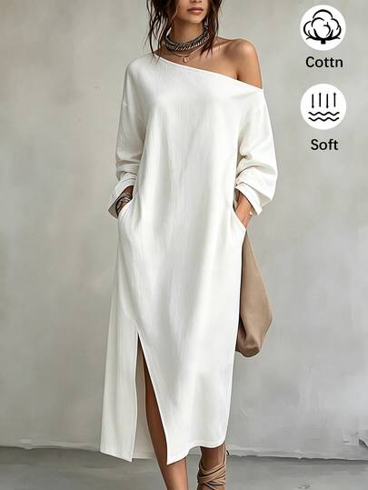 SHEIN Holidaya White Dress White Dress For Civil Wedding Festival Wear New Year Autumn And Winter Casual Outing And Commuting Wear Elegant Country Style Cotton Dress