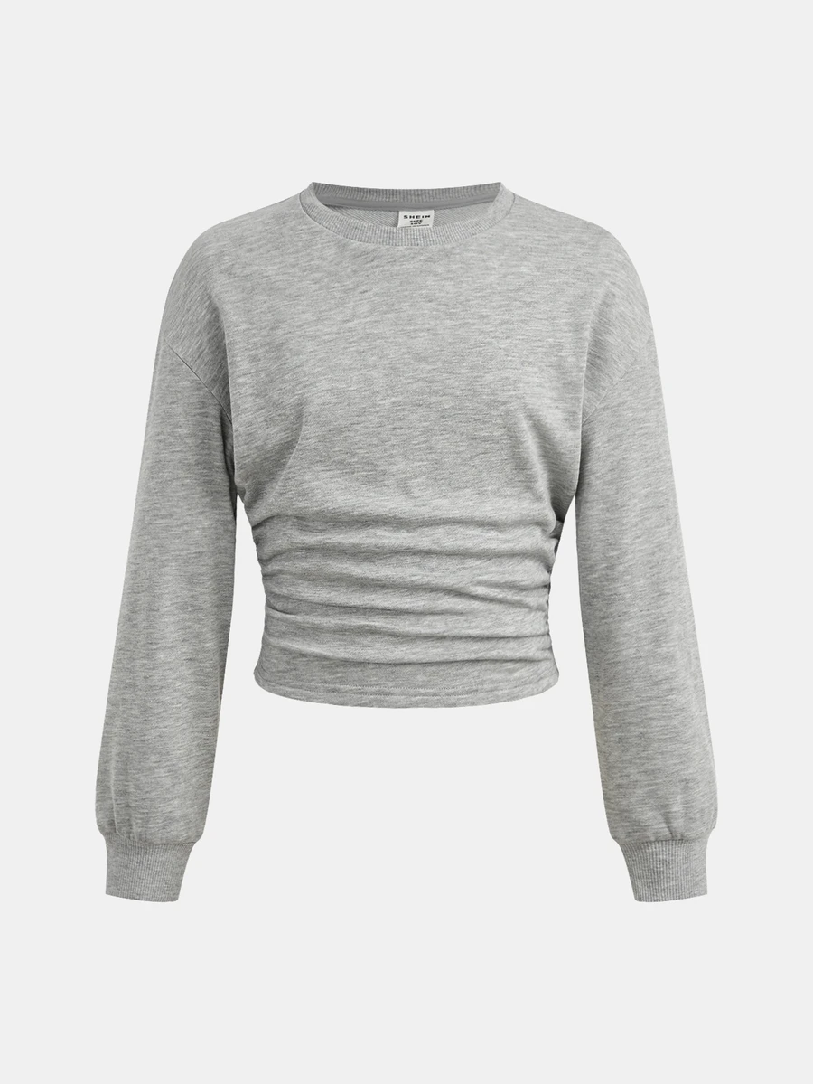 Teen Girls Fall/Winter Back To Basic Solid Color Pleated Asymmetrical Neck Long Sleeve Pullover - Multicolor - View 1