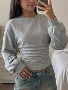 Teen Girls Fall/Winter Back To Basic Solid Color Pleated Asymmetrical Neck Long Sleeve Pullover - Multicolor - View 7