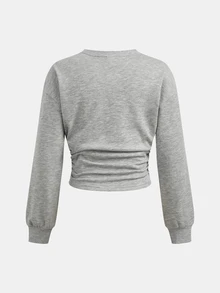 Teen Girls Fall/Winter Back To Basic Solid Color Pleated Asymmetrical Neck Long Sleeve Pullover - Multicolor - View 2