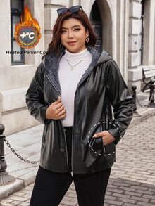 Reflora 大尺碼女款純色PU皮革拉鍊夾克，內裡刷毛，時尚百搭日常休閒長袖外套，冬季款 - 黑色 - 查看 4