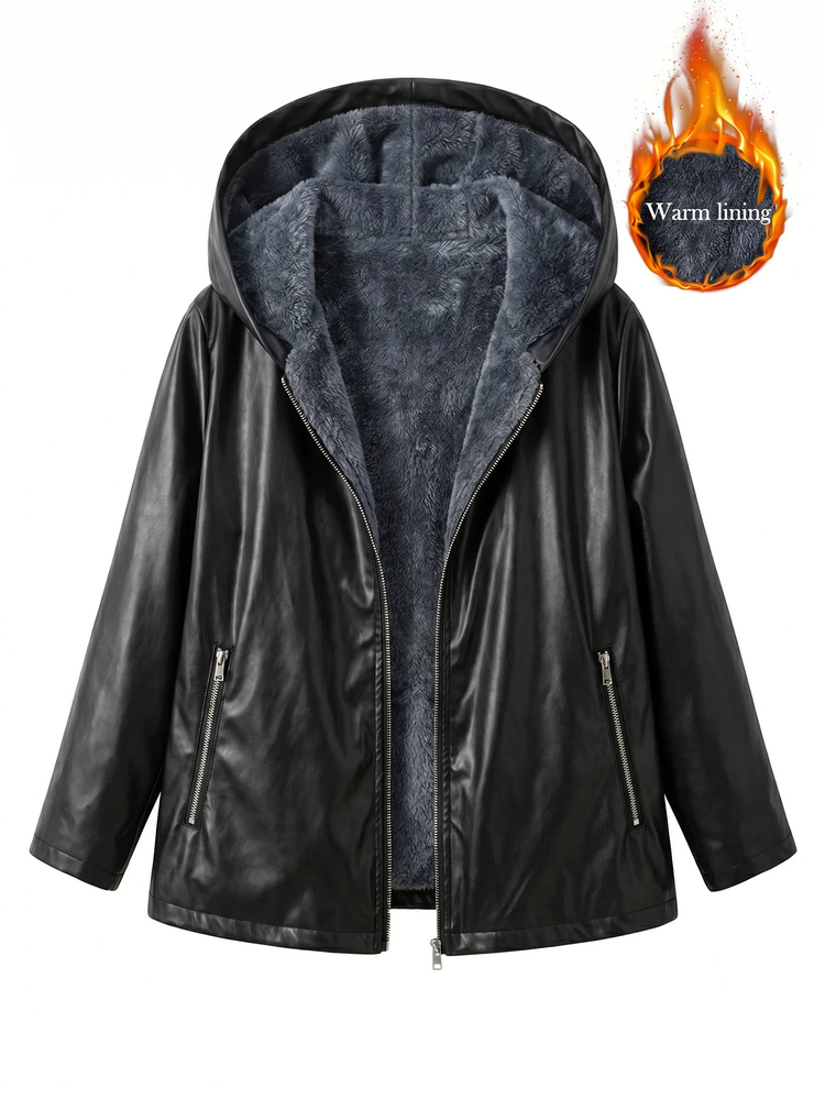 Reflora Plus Size Women's Solid Color PU Leather Zipper Fleece Lined Fashion Versatile Daily Casual Long Sleeve Jacket Winter - Black - View 8