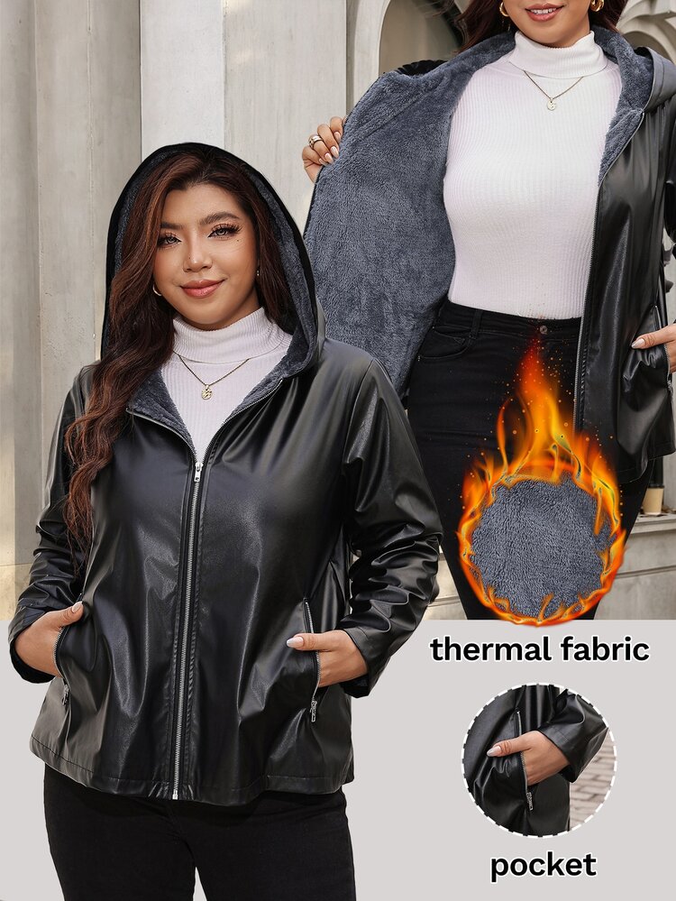 Reflora Plus Size Women's Solid Color PU Leather Zipper Fleece Lined Fashion Versatile Daily Casual Long Sleeve Jacket Winter - Black - View 1