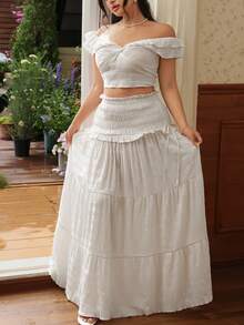 CovetEZ Spring/Summer New Solid Color Textured Striped Print Twist Front Crop Top And Mini Skirt Holiday Casual Boho Plus Size 2-Piece Set Party White - Beige - View 4