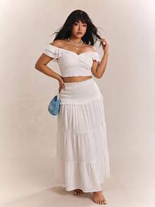 CovetEZ Spring/Summer New Solid Color Textured Striped Print Twist Front Crop Top And Mini Skirt Holiday Casual Boho Plus Size 2-Piece Set Party White - Beige - View 1